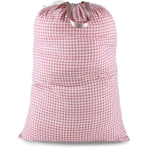Extra Large Laundry Bag with Drawstring and Handle, Heavy Duty Travel Dirty Clothes Bag for Laundromat and Household, Durable Rip-Stop Laundry Hamper Liner, 28 x 40 Inch, Check Pink