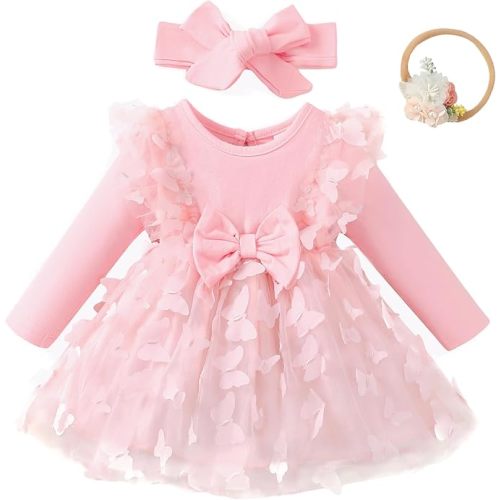 Renotemy Baby Girl Flower Dress Fall Winter, Tutu Tulle Princess Wedding Birthday Party Dresses for Newborn Girls 0-18 Months