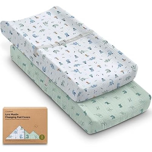 2-Pack Muslin Diaper Changing Pad Covers Boy, Girl – Soft Breathable Muslin Cotton Changing Table Cover, Organic Baby Changing Pad Sheets, Contoured Change Pads Liners Washable 32 x 16 (Dino Park)