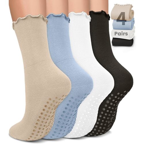 Pilates Socks for Women, Non Slip Grip Socks for Yoga, Barre, Hospital, Grippy Socks Womens Gifts, 4 Pairs