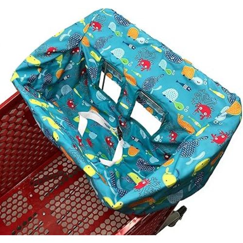 Portable Shopping Cart Cover, High Chair and Grocery Cart Covers for Babies, Kids, Infants & Toddlers, Attached Carry Bag (Blue Seaworld)