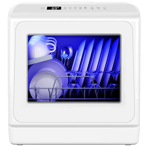 EUHOMY Countertop Dishwasher, 6 Programs, Dual Spray Arms for 30+ Items | 6-Program (Normal, ECO, Quick, Baby Care/Strong, Fruit, Dry), 360° Coverage, 73h Ventilation, 40dB, 167°F Wash for Rooms & RV