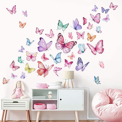 wondever Watercolor Butterfly Wall Stickers Colorful Butterflies Peel and Stick Wall Art Decals for Girls Bedroom Baby Nursery
