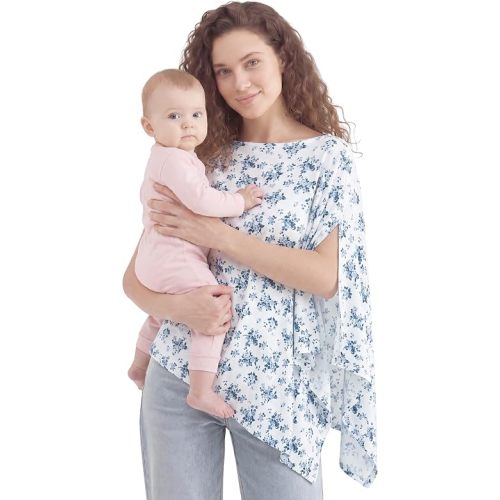 PATPAT Nursing Cover for Breastfeeding, Soft Breathable Bamboo Viscose Privacy Poncho, Multi-Use Breastfeeding Cover for Moms, Portable Nursing Shawl & Baby Blanket(Blue Floral)