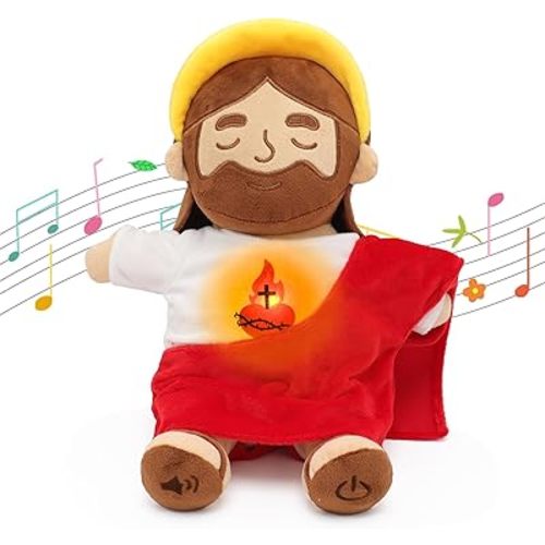 Soothing Jesus Plush Toys with Light & Sound, 15" Jesus Stuffed Breathing Plushy Doll, Christian Catholic Religious Plushie Christmas Easter Gifts for Kids Baby (Brown)