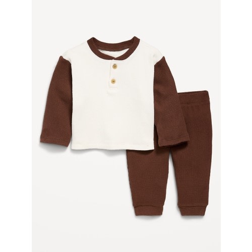 Long-Sleeve Waffle-Knit Henley Top and Pants Set for Baby