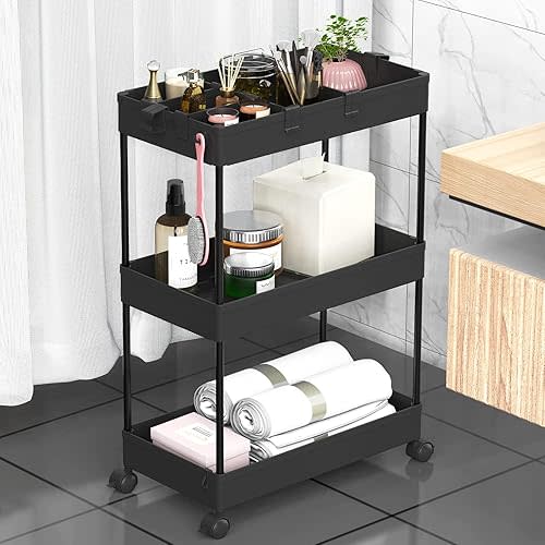 SPACELEAD 3 Tier Rolling Cart with Wheels, Storage Craft Art Trolley Organizer Serving, 3 Hanging Baskets Easy Assembly, for Office, Bathroom，Living Room, Kitchen, Black