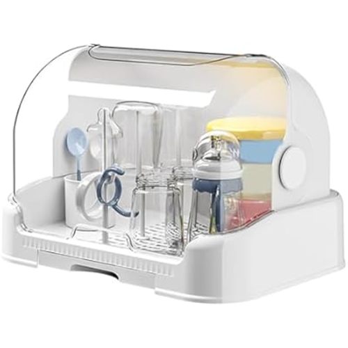 CARRORABI Baby Bottle Drying Rack with Cover, Toddler Bottle Storage Box with Removable Drip Tray, Dustproof Feeding Cup Holder, Multifunctional Baby Bottle Holder for Bottles,Teats, Cups(White)
