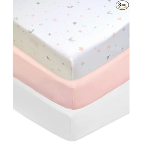 American Baby Company 3 Pack 100% Natural Cotton Fitted Crib Sheets 52" x 28" - Soft, Breathable, Hypoallergenic & Gentle Toddler Bed Sheets, Pink Stars/Blush/White, Neutral for Boys & Girls