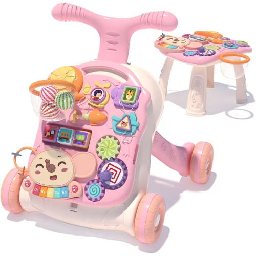 2-in-1 Sit to Stand Learning Walker & Activity Center - Adjustable Speed Baby Walker with Music, Shape Sorter & Basketball Hoop - Educational First Steps Toy Gift for Infants 6-24 Months