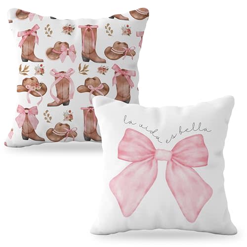 YeiHe Coquette Pink Bow Cowgirl Boots Pillow Covers 18x18, Preppy Cowgirl Room Decor, Pink Girly Bedroom Decor, Coquette Stuff, Set of 2