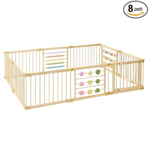 ZETY Natural Wood Baby Playpen –10 Panel Foldable Play Yard with Door Panel and Built-in Toys, CPC Certified & SGS Tested