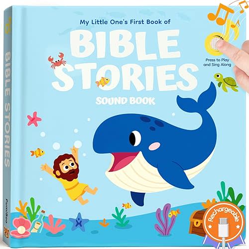 Bible Stories Christian Sound Books for Kids & Toddlers – 6 Christian Songs, Religious Christening and Baptism Gifts for Baby Boys, Rechargeable Music Song Books, Interactive Bible Toys