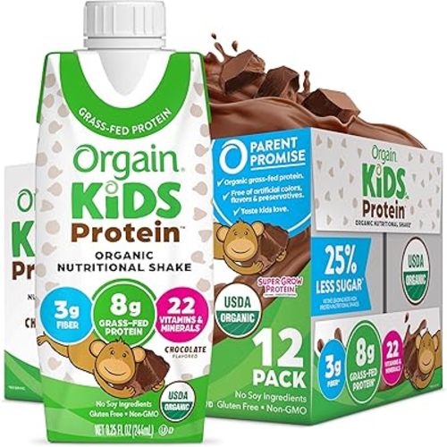 Orgain Organic Kids Nutritional Protein Shake, Chocolate, Healthy Kids Snacks, 8g Dairy Protein, 3g Fiber, 22 Vitamins & Minerals, No Soy Ingredients, Gluten Free, Non-GMO, 8.25 Fl Oz (Pack of 12)