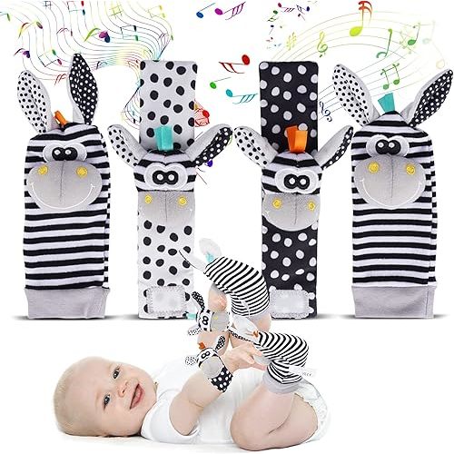 Baby Rattle Socks Wrist Strap Rattles Set, Cute Baby Animal Development Toy Gift for Newborn Babies, Black and White Foot Finder Sensory Set…