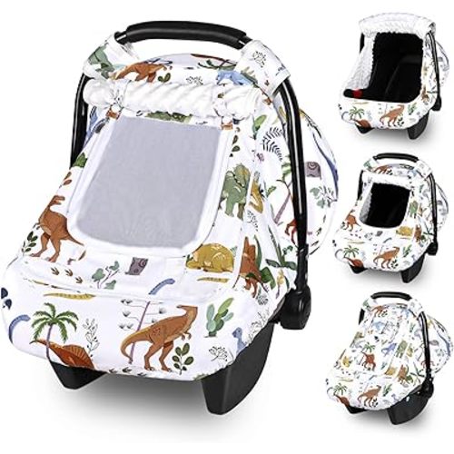 Hooyax Baby Car Seat Cover with Dual Zipper, Extra Large Mesh Window Carseat Canopy, All-Season Weather Protection for Infant Car Seats & Strollers (Dinosaur)