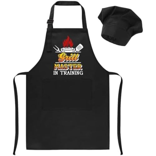 Kids Apron and Chef Hat Set, Funny Apron Adjustable Child Aprons Chef in Training Kitchen Aprons for Boys and Girls