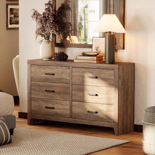WAMPAT Farmhouse Dresser for Bedroom, 53 Inch Farmhouse Wood Storage Cabinet with 6 Drawers, Rustic Chest of Drawers for Living Room & Hallway