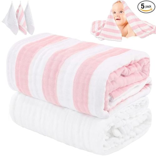 Muslin Baby Towel 5 Pieces Set, 100% Organic Cotton, Soft & Absorbent for Newborns to Toddlers, Baby Registry or Shower Gift (Pink Striped)