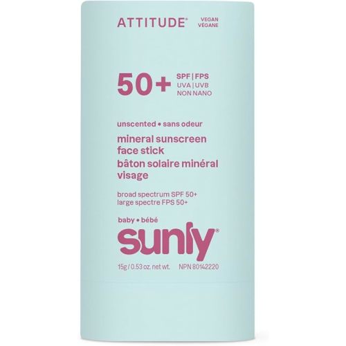 ATTITUDE Baby Mineral Sunscreen Face Stick SPF 50, Broad Spectrum Zinc Oxide, EWG Verified, Non-Nano, Gentle Lightweight Non-Greasy, Vegan, Unscented, 0.53 oz