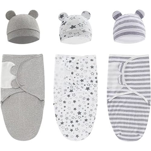 Exemaba Baby Swaddle Sleep Sack with Hat Set for 0-3 months 3-Pack Soft Cotton Newborn Wearable Swaddle Wrap for Girls Boys