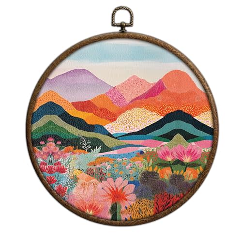 QKX Boho Wall Decor, Colorful Mountain Small Wall decor, Abstract Round Art, Round Boho Home Decoration, Circular Hanging Art with Hooks for Living Room Bedroom Kitchen Office Dorm Decoration, 16