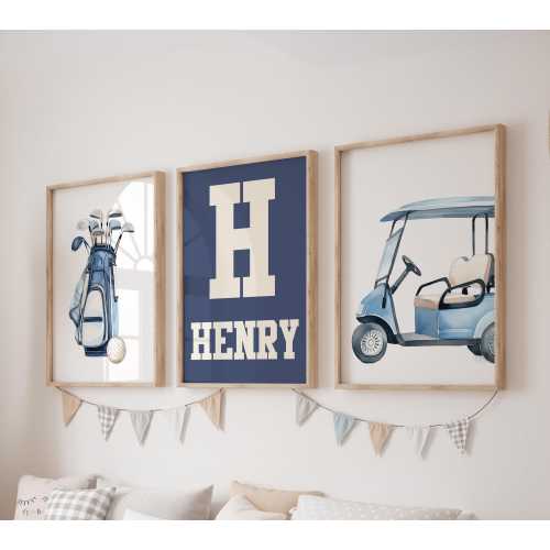 Custom Golf Prints, Set of 3 Sport Nursery Wall Art, Boho, Golf Cart Baby Boy Nursery Decor, Watercolor Sport, Personalized Name Sign