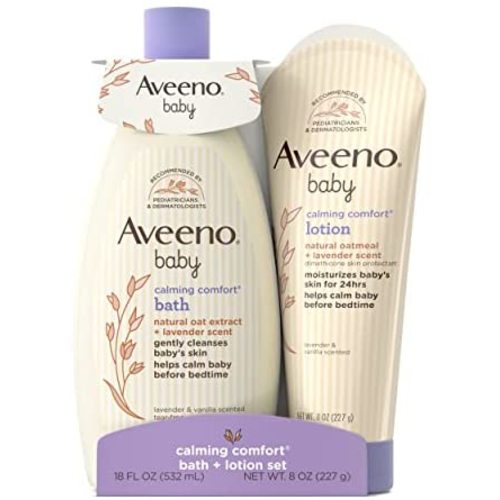 Aveeno Baby Calming Comfort Bath & Lotion Set, Night time Baby Skin Care Products with Natural Oat Extract, Lavender & Vanilla Scents, Paraben-Free, 2 Items