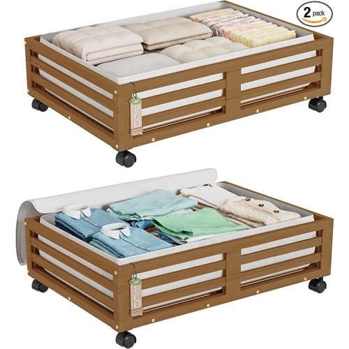 Bamboo Under Bed Storage Containers- Underbed Organizer with Wheels with Large Dust Bag,Sturdy Wood Rolling Under the Bed Shoe Storage Organizer Drawer 2 Packs (Walnut, Small)