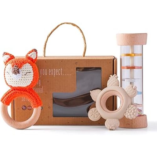 Youuys Wooden Baby Rattle Set (3pcs) - Crochet Rattle Rain Stick Teething Toys, Wooden Montessori Toy for Newborn Infant Baby Rattles Set Toys 3-6 Months (Fox)