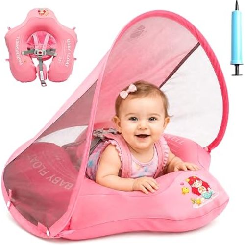 Baby Pool Float with Canopy for Age 6-36 Months UPF50+, Soft Fabric-Covered Inflatable Baby Swim Float with Anti-Tip Safety Seat, Infant Swimming Float Toddler Floaties UV Protection for Boys Girls