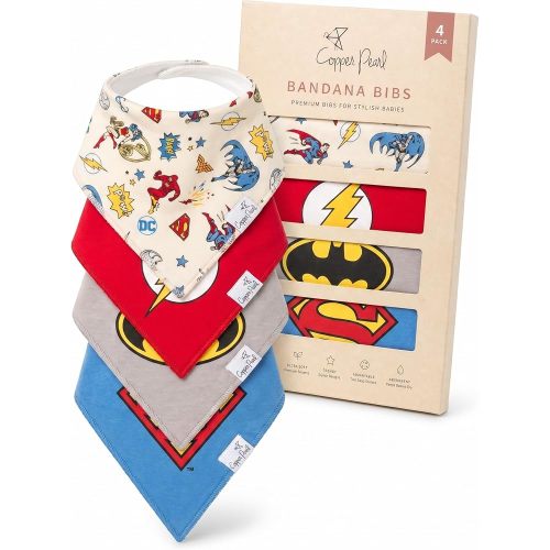 Copper Pearl Baby Bibs for Baby Boy or Girl – Bandana Drool Bibs for Teething, Absorbent Bibs for Eating, Newborn to Toddler, 4 Pack, Justice League