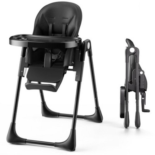 Kinder King Foldable High Chair for Baby, Toddler Feeding Chair with Detachable Double Trays, Black