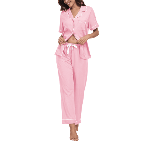 MAYFISH 100% Cotton Women's Pajamas Sets Button Down Sleepwear Short Sleeve with Long Pants Lounge Pj set(Pink, M)