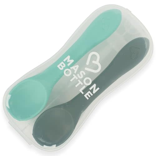 Mason Bottle Silicone Baby Spoons (2-Pack) – BPA-Free Feeding Utensils for Babies 6–12 Months – Puree Spoons with Case, Non-Toxic, Dishwasher Safe (Teal & Grey)