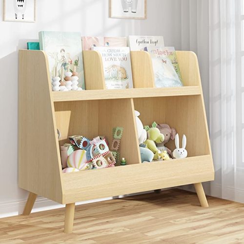 Kids Bookshelf and Toy Organizer, 5 Cubbies Wooden Open Bookcase, 2-Tier Baby Storage Display Organizer with Legs, Free Standing Bookshelf for Playing Room, Nursery, Natural Wood Color