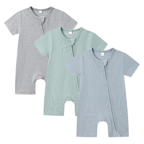 Bafeicao Baby Boy Girl 3 Pack Short Sleeve Rompers Ribbed Cotton 2 Way Zipper Solid Romper One Piece Jumpsuits Clothes