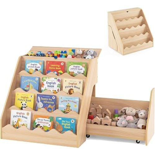 GLACER 4 Tier Kids Bookshelf and Toy Storage, 2-in-1 Toddler Bookshelf with Rolling Drawer Cart, Flip-Top Organizer, 2 Anti-tip Kits, Storage Rack Display Stand for Nursery, Playroom (Natural)