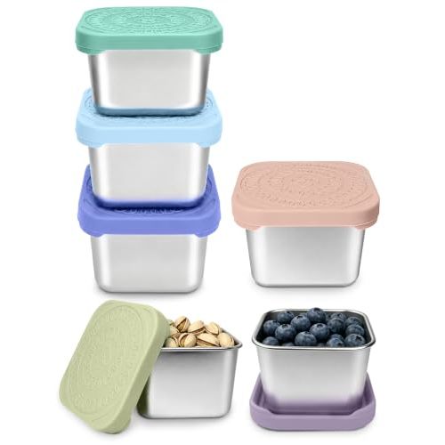 HTEVW 6Pack 6oz Stainless Steel Snack Containers for Kids, Easy Open Leak Proof Metal Toddler Snack Containers with Silicone Lids, Stackable Metal Toddler Lunch Box for School-U.S.Design Patent