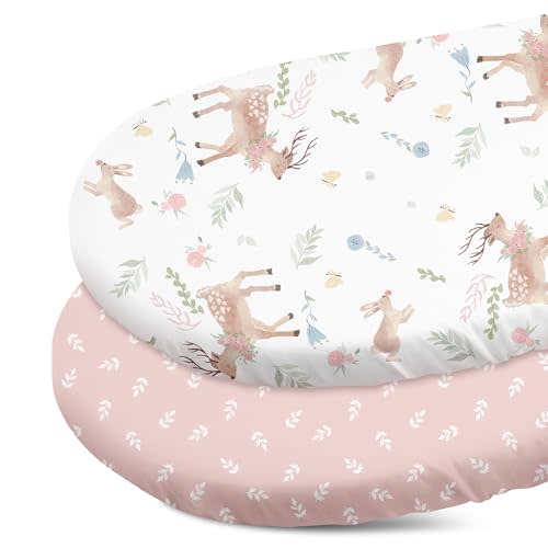 Gllquen Baby Bassinet Sheets 2-Pack for Baby Girl Boy Pink Deer | Soft Bassinet Mattress Sheet 32x16, Compatible with Halo Bassinest Swivel Sleeper, Baby Delight, Universal fitted,Baby Gift