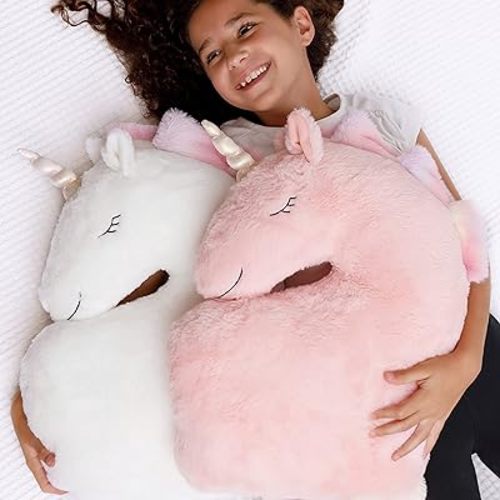 Perfectto Design Set of 2 Decorative Unicorn Pillows for Girls Kids Bed Room - White Pink Fluffy Plush for Baby Girl, Cute Throw Pillows Bedroom Décor, Teepee
