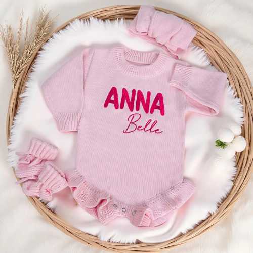 Precious Baby Romper Set, Baby Name Ruffle Romper, Baby Shower Gift, Knitted Newborn Romper, Infant Romper, First Birthday Gift
