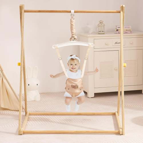 FUNLIO Montessori Wooden Baby Jumper with Stand for 6-36 Months, Adjustable Baby Bouncer for Indoor/Outdoor Play, Foldable Toddler Jumper for Baby Girl/Boy, Easy to Assemble & Store