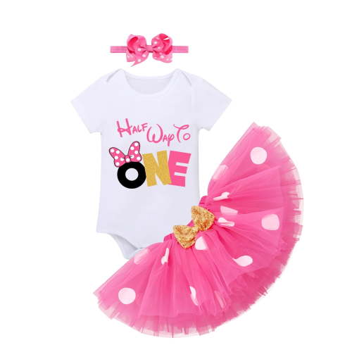 IBTOM CASTLE Baby Girls Half Birthday Outfit Polka Dots Half Way to One Romper Tutu Skirt Headband Cake Smash Clothes for Photo Shoot 6 Months Hot Pink