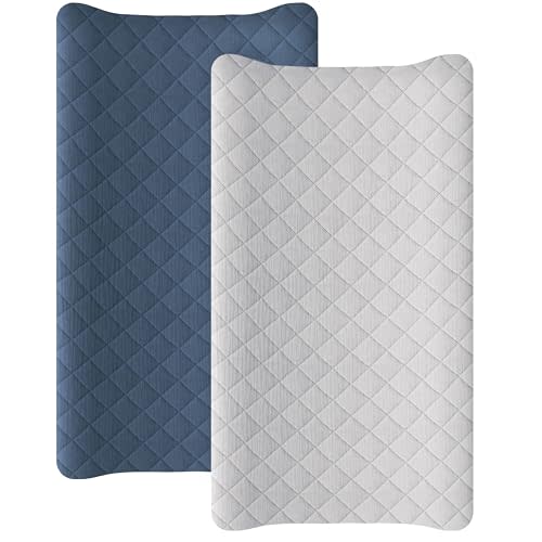 Konssy Waterproof Muslin Changing Pad Cover 2 Pack, Quilted Cotton Fitted Diaper Changing Table Cover, Soft Changing Pad Sheets for Girls Boys (Navy,Cream)