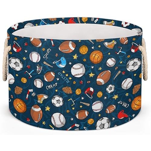 Large Round Storage Basket Sport Basktball Baseball Collapsible Circle Storage Bin Basket Laundry Hamper With Handle for Kids Boy Girls Toy Bedroom Living Room Nursery Room Decor Storage Organizer