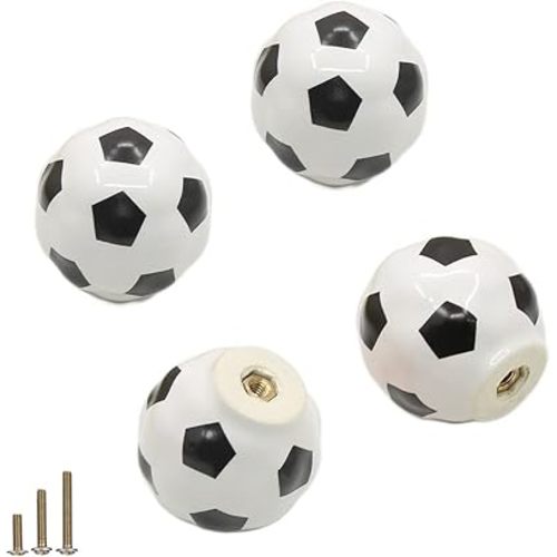 Heavy Ceramic Soccer knobs Football Knobs, 4 Packs Ball Sports Party Theme Children and Baby Home Decor Drawer Knobs Pulls Handles for Dresser Cupboard Wardrobe Cabinet Kitchen (4, Soccer-w)