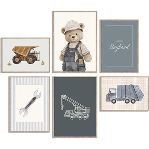 6Pcs Vintage Construction Truck Nursery Canvas Wall Art Funny Teddy Bear Posters Print Artwork Boys Room Painting Pictures Wall Decor for Bedroom Playroom Home Decoration 12x16in Unframed