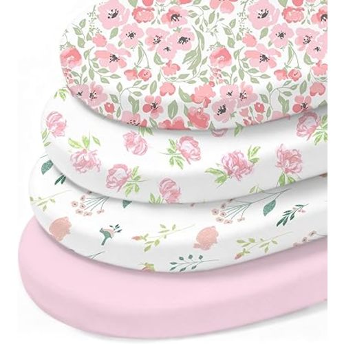 Little Grape Land Bassinet Sheets 4 Pack, 33" x 18" Fitted Bassinet Sheets Up to 4" Deep Pocket, Ultra Soft Baby Bassinet Fitted Sheets for Bassinet Mattress, Rose Garden