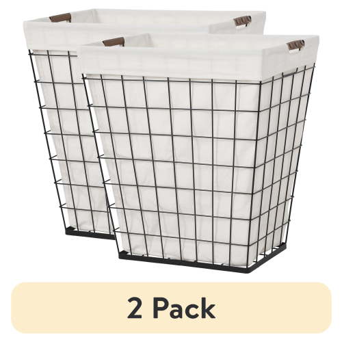 (2 pack) Better Homes & Gardens 75L Adult Rectangular Steel Wire Laundry Hamper with Removable Liner, Natural